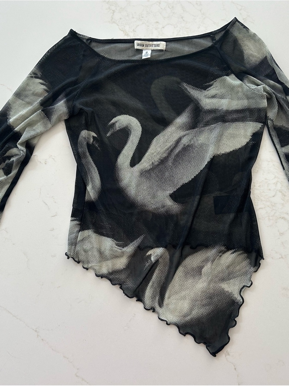 Urban Outfitters Black & White Swan Mesh Long Sleeve Top